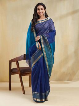 Fabindia - Blue Woven Saree with Unstitched Blouse