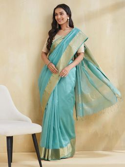 Fabindia - Turquoise Woven Saree with Unstitched Blouse