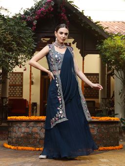 Stylum - Teal Embroidered Lehenga with Attached Drape, Blouse and Shrug (Set of 3)