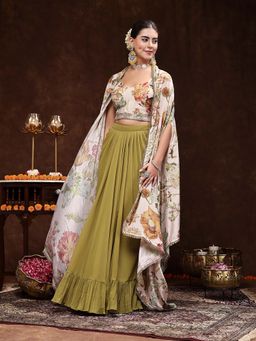 Stylum - Green Floral Blouse with Cape and Skirt (Set of 3)