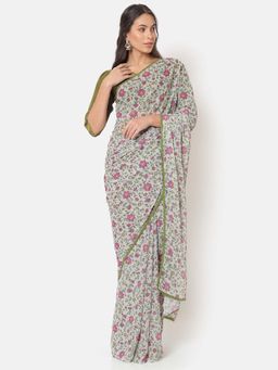 SAAKI - Off White Printed Saree with Unstitched Blouse