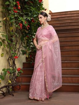 Stylum - Pink Embroidered Saree with Unstitched Blouse