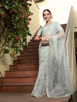 Stylum - Blue Embroidered Saree with Unstitched Blouse