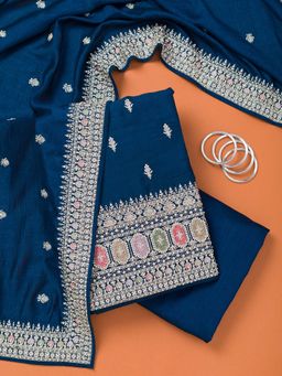 Koskii - Blue Embroidered Unstitched Kurta and Bottom with Dupatta (Set of 3)