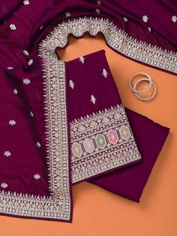 Koskii - Purple Embroidered Unstitched Kurta and Bottom with Dupatta (Set of 3)