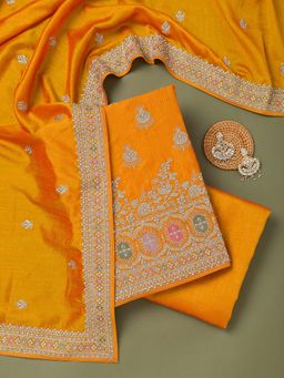 Koskii - Yellow Embroidered Unstitched Kurta and Bottom with Dupatta (Set of 3)