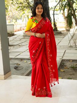 Uttariya - Red Embroidered Saree with Unstitched Blouse
