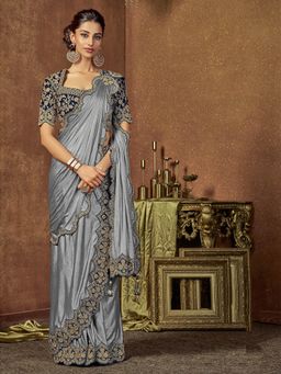 Odette - Grey Shimmer Lycra Designer Saree with Unstitched Blouse