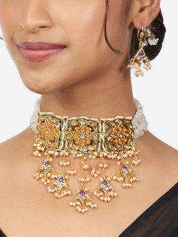 Joules By Radhika - Orange Kundan Polki Choker Necklace & Earrings Set (Set of 2)