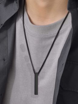 Jewels Galaxy - Men Silver Plated Stainless Steel Black Bar Shaped Pendant Necklace