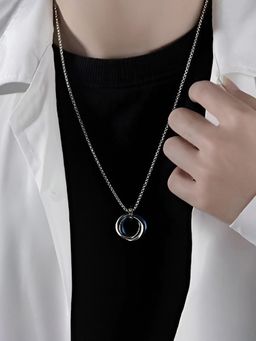 Jewels Galaxy - Men Silver Plated Stainless Steel Blue Triple Rings Circular Pendant Necklace