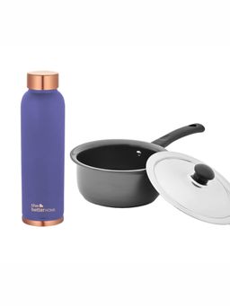 The Better Home - Set of 2- Copper Oreo 950ml Bottle Purple and HA Saucepan with Lid(16cm)-1L