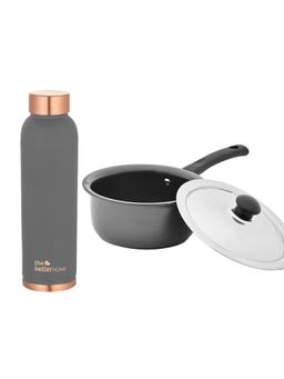 The Better Home - Set of 2- Copper Oreo 950ml Bottle Grey and HA Saucepan with Lid(16cm)-1L