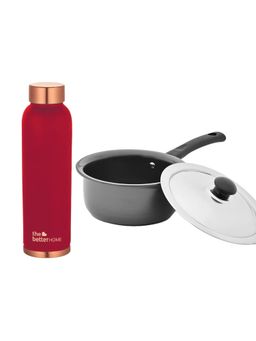 The Better Home - Set of 2- Copper Oreo 950ml Bottle Maroon and HA Saucepan with Lid(16cm)-1L