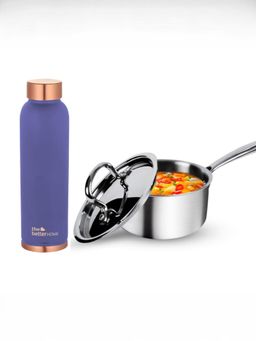 The Better Home - Set of 2-Copper 950ml Bottle Purple and Triply Saucepan with SS Lid (18cm)-2.2L
