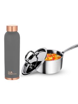 The Better Home - Set of 2-Copper 950ml Bottle Grey and Triply Saucepan with SS Lid (18cm)-2.2L
