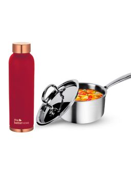 The Better Home - Set of 2-Copper 950ml Bottle Maroon and Triply Saucepan with SS Lid (18cm)-2.2L