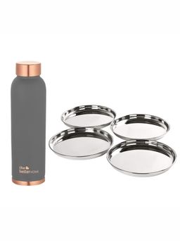 The Better Home - Set of 2-Copper 950ml Bottle Grey and 4 pcs Big Plate Set
