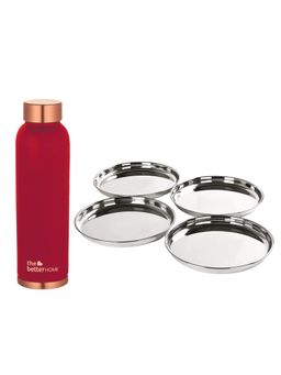The Better Home - Set of 2-Copper 950ml Bottle Maroon and 4 pcs Big Plate Set