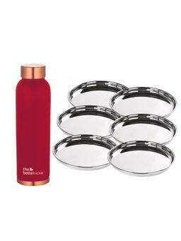 The Better Home - Set of 2-Copper 950ml Bottle Maroon and 6 pcs Big Plate Set