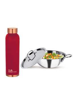 The Better Home - Set of 2-Copper 950ml Bottle Maroon and Triply Kadai with SS Lid (22cm)-2.2L