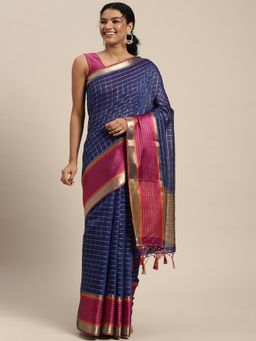 Mimosa - Women's Kanjivaram Art Silk Blue Saree with Unstitched Blouse