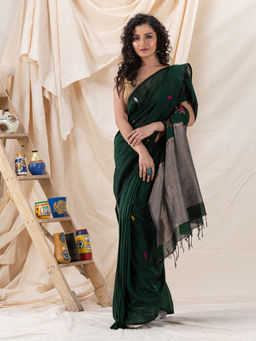 Angoshobha - Traditional Dark Green Cotton Soft Jamdani Saree with Unstitched Blouse