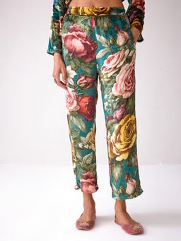 Ancestry - Masakkali Floral Printed Turquoise Velvet Pants