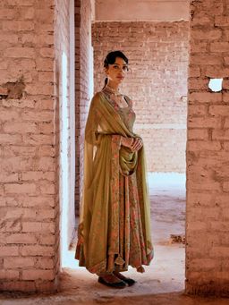 Karaj Jaipur - Olive Green Anarkali (Set of 3)