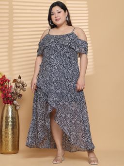 theRebelinme - Plus Size Women Navy Blue Floral Printed A-Line Georgette Maxi Dress