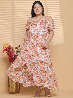 theRebelinme - Plus Size Women Orange Floral Printed A-Line Georgette Maxi Dress