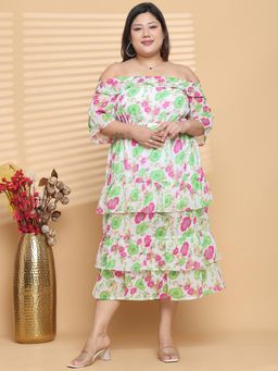 theRebelinme - Plus Size Women Bright Green Floral Printed A-Line Georgette Dress