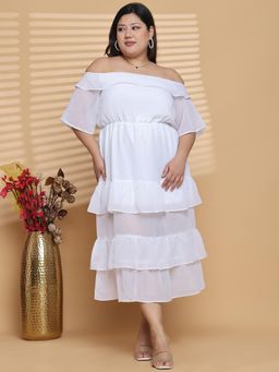 theRebelinme - Plus Size Women White Solid Color A-Line Georgette Dress