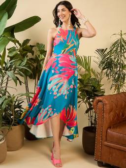 Mabish By Sonal Jain - Backless Overlap Asymmetric Midi Dress In Mint Blue Floral Print