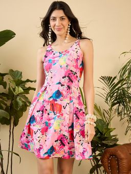 Mabish By Sonal Jain - Box Pleated Mini Dress In Multi-Color Abstract Brush Strokes Print