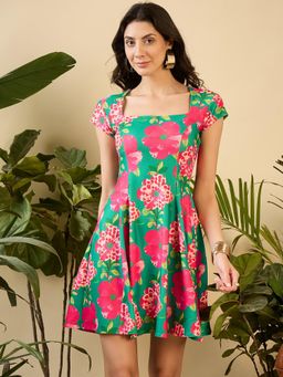 Mabish By Sonal Jain - Short Flare Skater Dress with Cut-Out Back In Green and Pink Flower Print