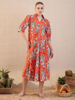 Uptownie - Women Rust Cotton Printed Dress
