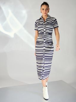 Uptownie - Women Navy Blue Cotton Stripes Dress