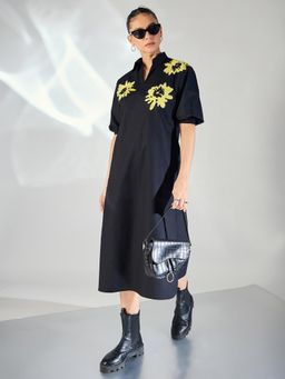 Uptownie - Women Black Cotton Embellished Dress