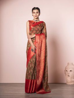 EXCLUSIVA - Brown Soft Printed Silk Linen Saree with Unstitched Blouse