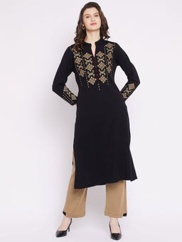 ZIGO - Wool Fabric Mandarin Neck Embroidred Winter Kurta Palazzo (Set of 2)