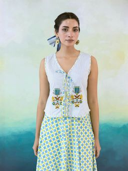 MoonTara - Women Grey and White Embroidered Sleeveless Summer Blouse