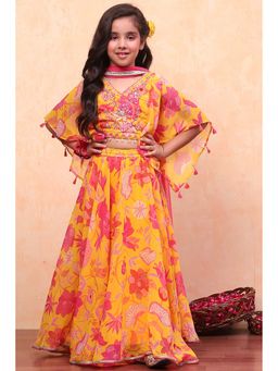 Biba - Girls Yellow Polyester Printed Choli with Lehenga & Dupatta