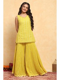 Biba - Girls Yellow Polyester Dyed Straight Kurta with Sharara & Dupatta