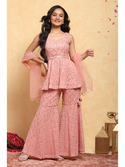 Biba - Girls Pink Polyester Embroidered Straight Sharara Suit Set