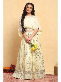 Biba - Girls Cream Polyester Embroidered Kalidar Choli with Lehenga