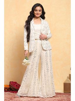 Biba - Girls White Viscose Rayon Embroidered Straight Top with Jacket & Sharara