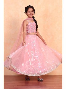 Biba - Girls Pink Viscose Printed Flared Lehenga with Choli & Dupatta
