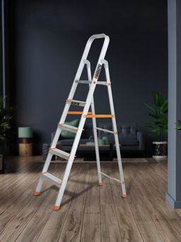 Plantex - Premium Legend Aluminum Folding 5 Step Wide Ladder-Orange & Silver