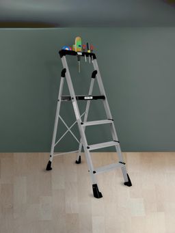 Plantex - Thor Aluminum Step Folding Ladder 4 Step-Advanced Locking System-Silver & Black